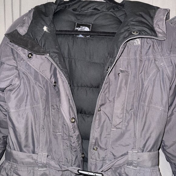 The North Face Parka Womens Small Goose Down Gray FAUX Fur Trim Belted Puffer - Picture 5 of 16